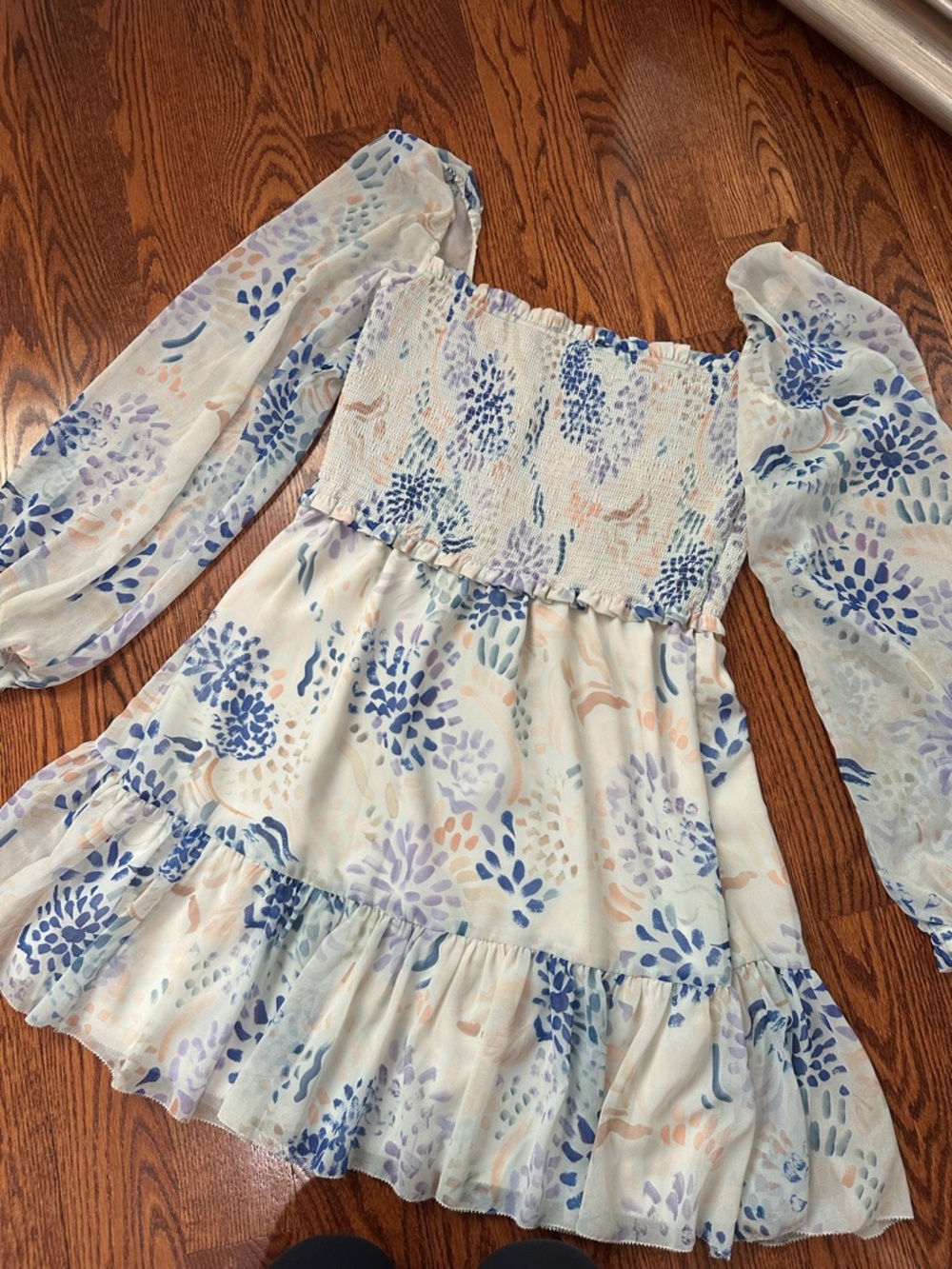 Aritzia Floral Smocked Puff-Sleeve Mini Dress in Blue and Cream